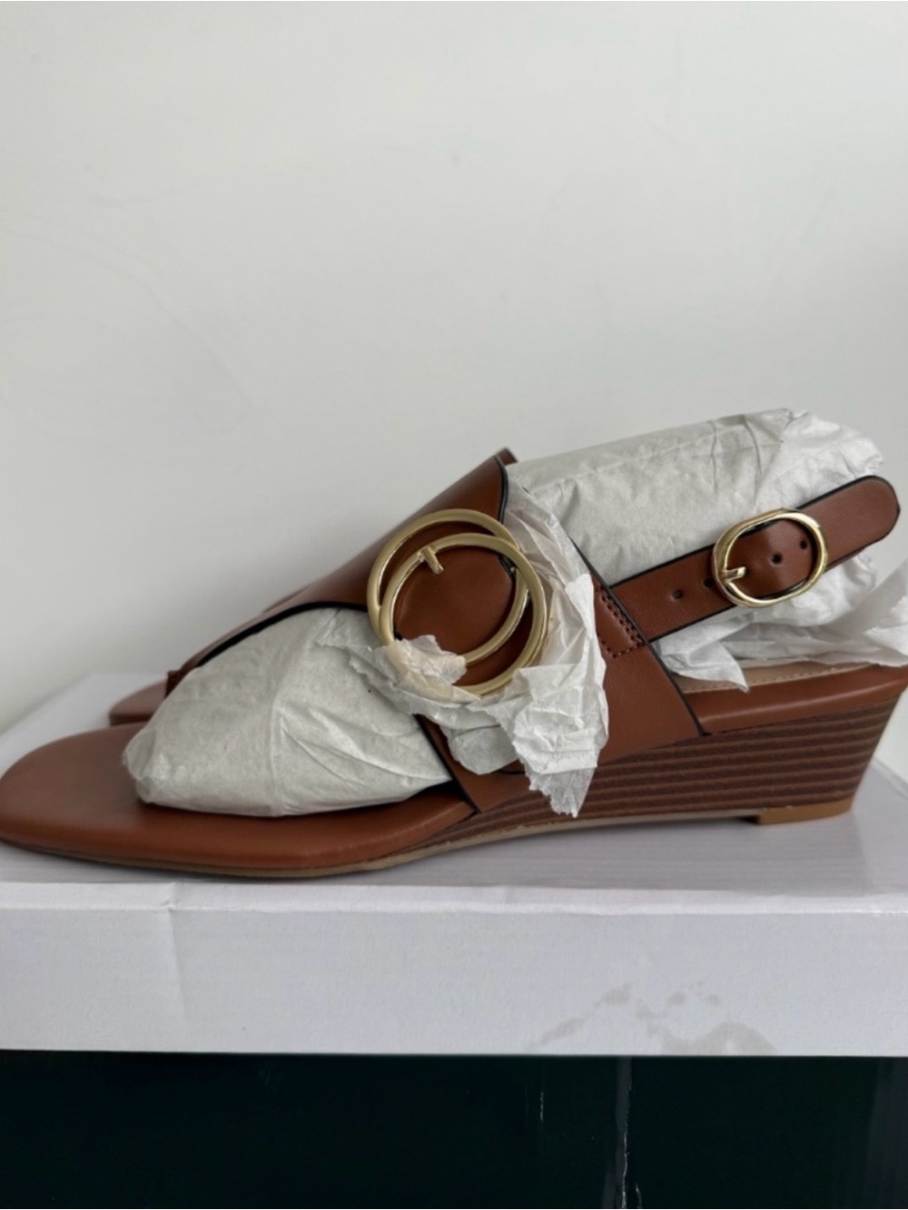 Alfani Tan Leather Wedge Slingback Sandals with Gold Rings - Picture 2 of 5